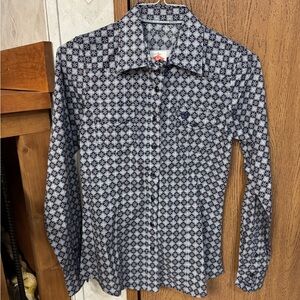 Ladies Cinch Navy and White Geometric Button Down Shirt